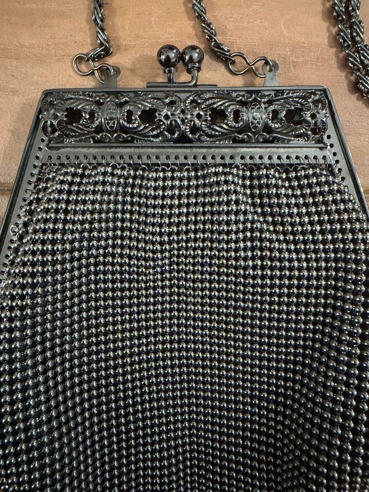 Vintage Black Gunmetal Mesh Evening Bag Kiss Lock Chain Purse