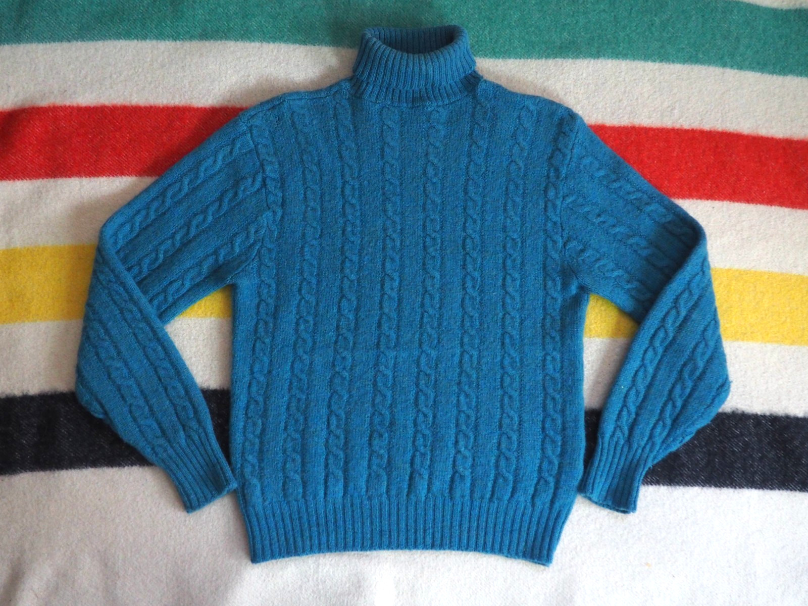 VTG 60s 70s Jantzen County Squire Virgin Wool Teal Blue Cable Knit Sweater M