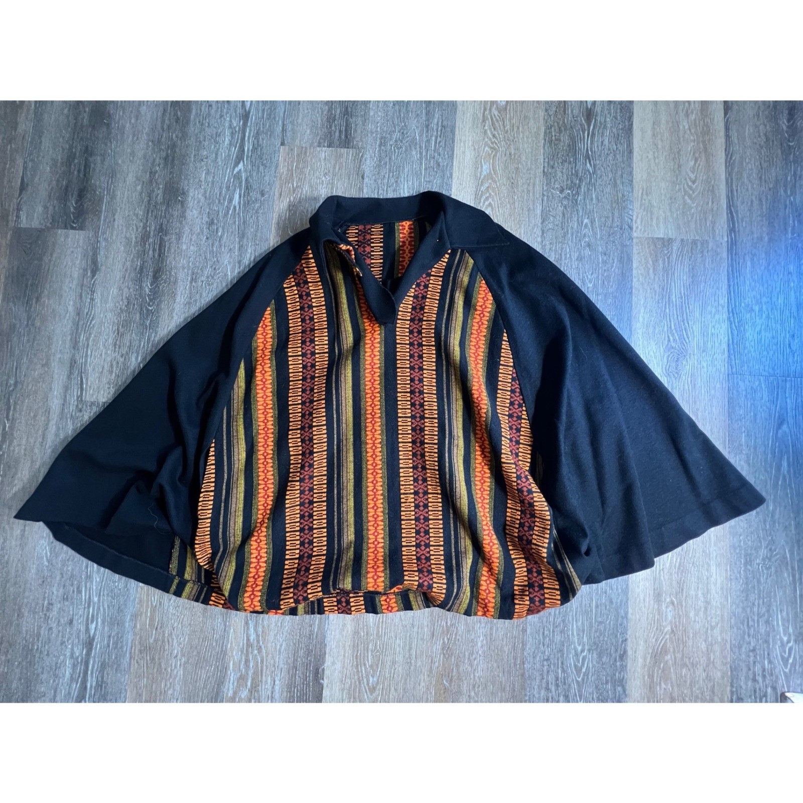 Vintage Lane Bryant Poncho Cape Women XL Black Orange Geometric Tapestry Knit