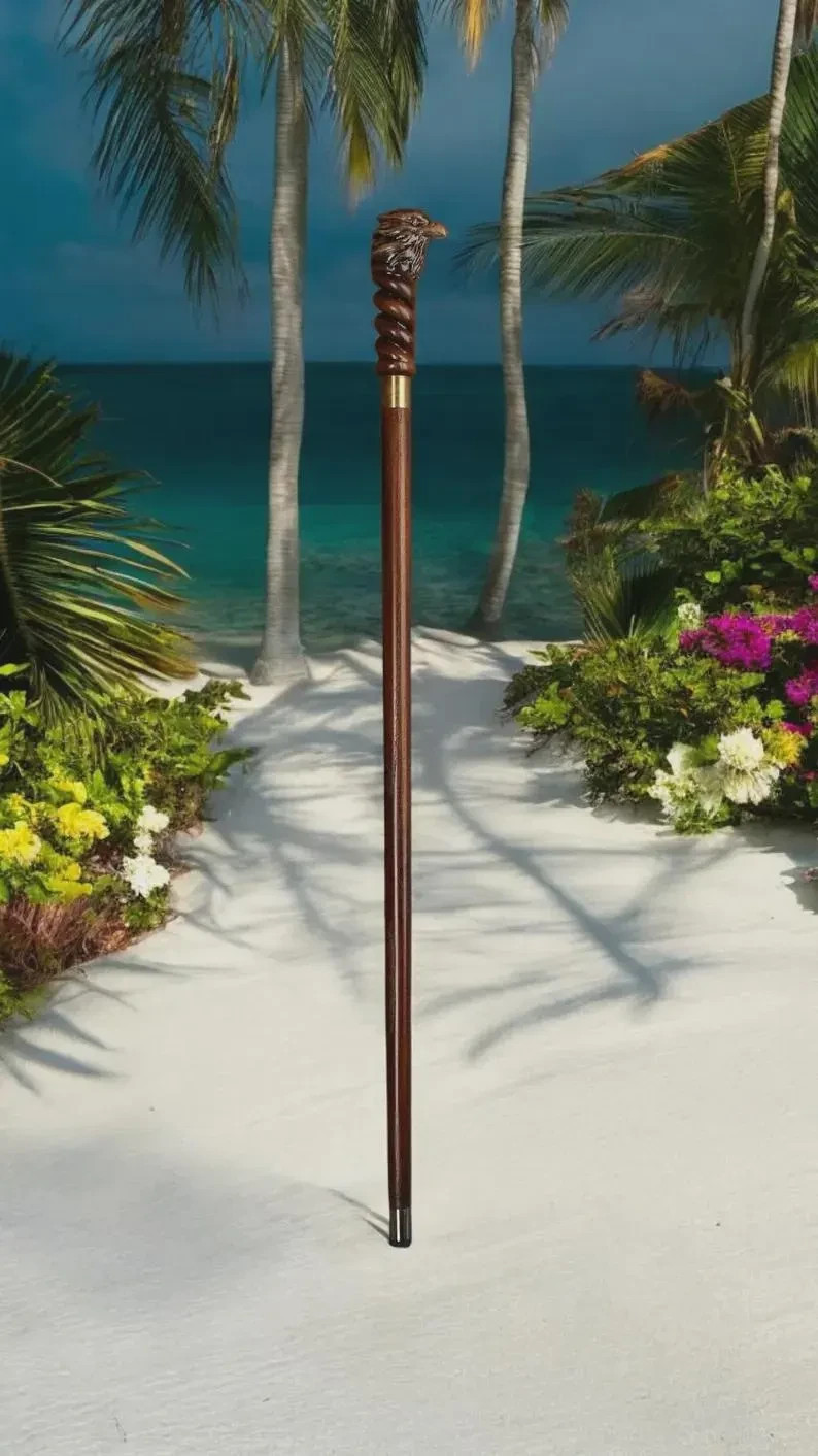 Hand Carved Eagle Head Wooden Walking Stick, Hiking Cane
