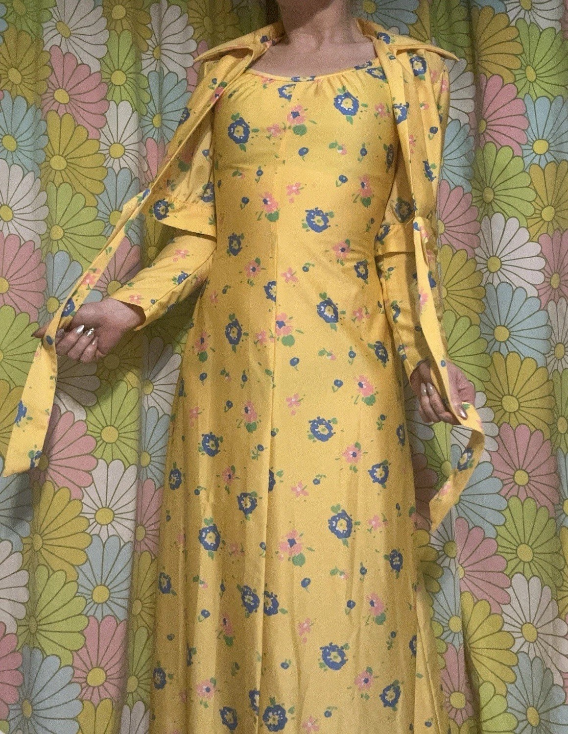 Vtg 1970s Maxi Gown w/ Jacket/Yellow Floral Hippie Formal Hostess Boho Mod SET