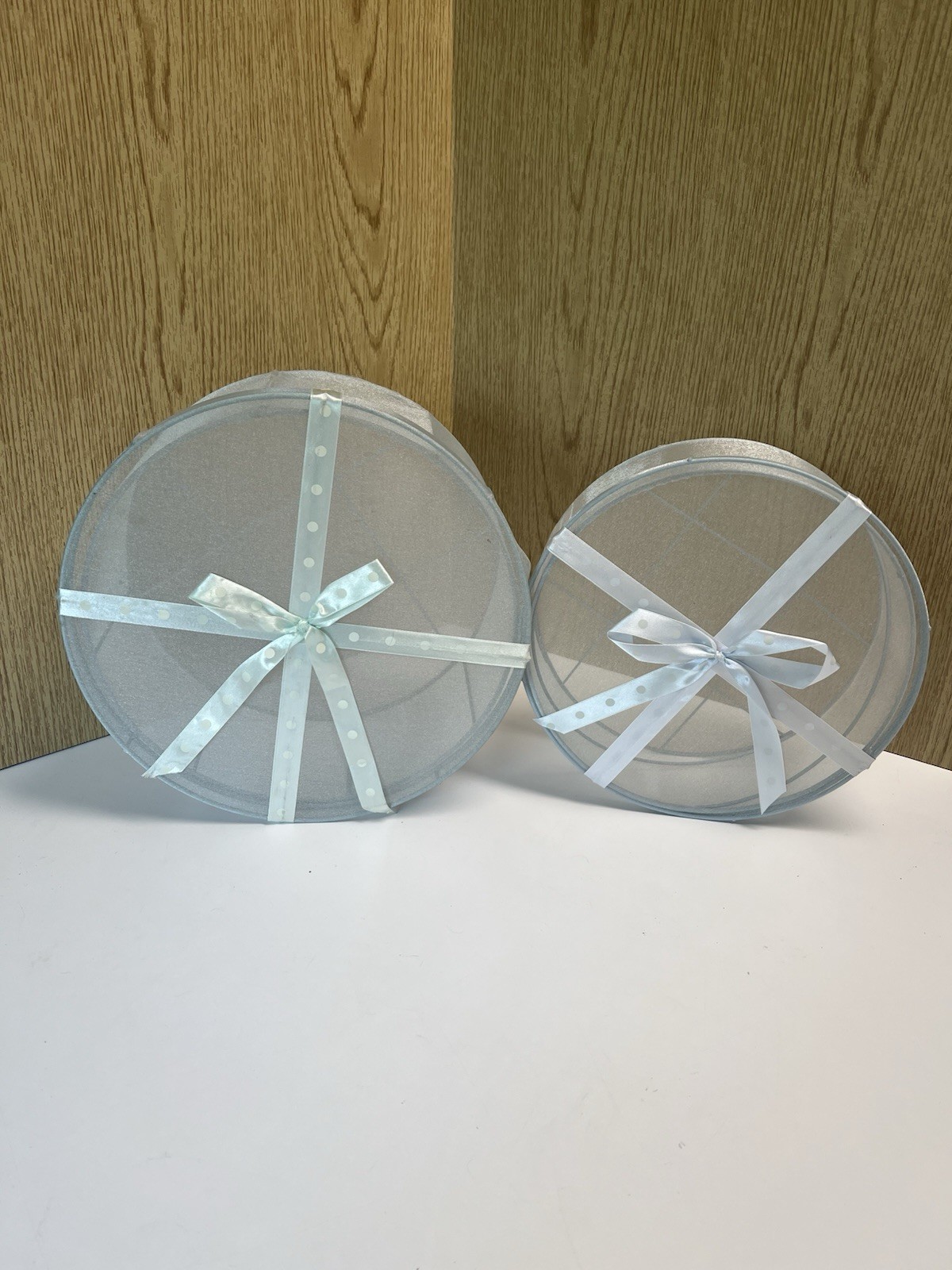 Mesh Hat Boxes with Lids Nesting Set Of Two Light Blue