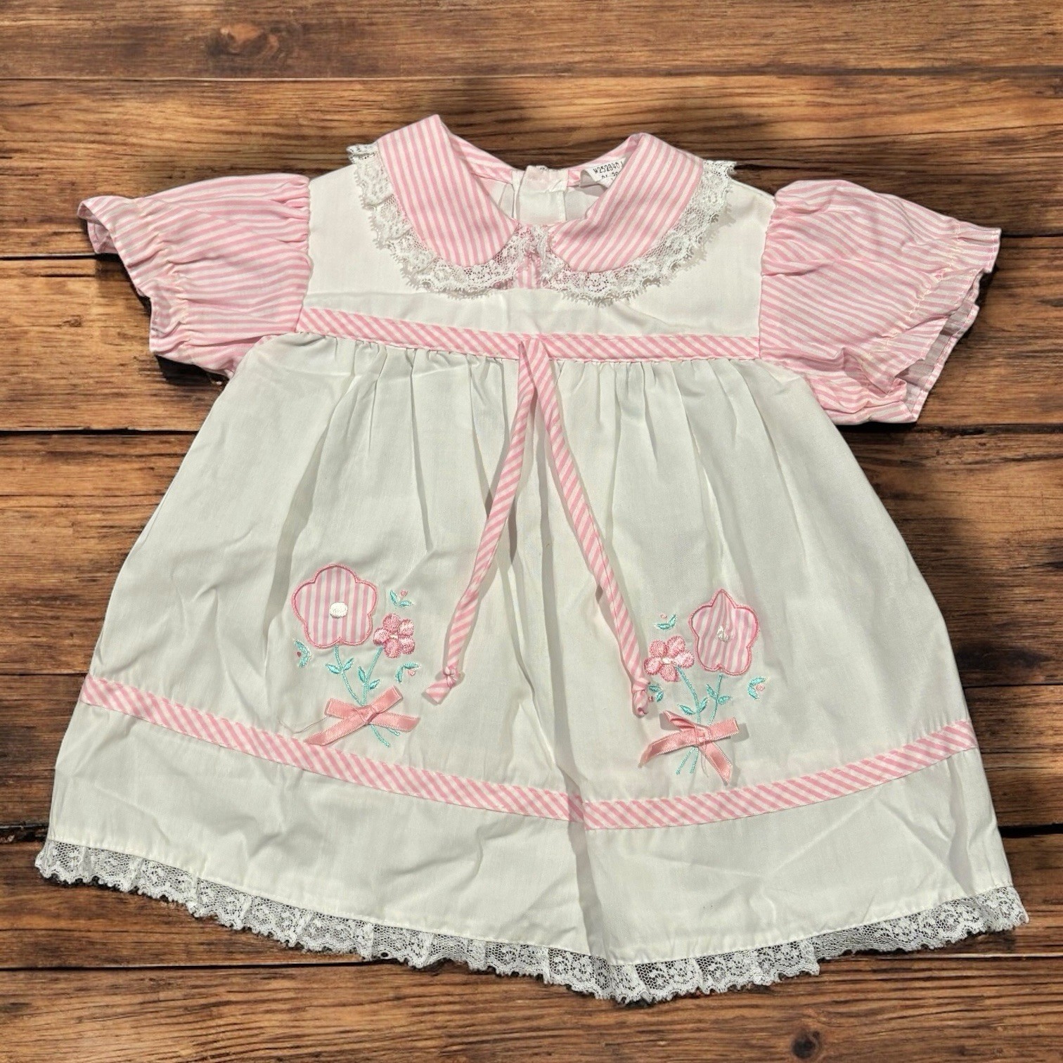 1980s Sweet Treats Baby Dress 6–9M Pink White Striped Floral Embroidered Lace