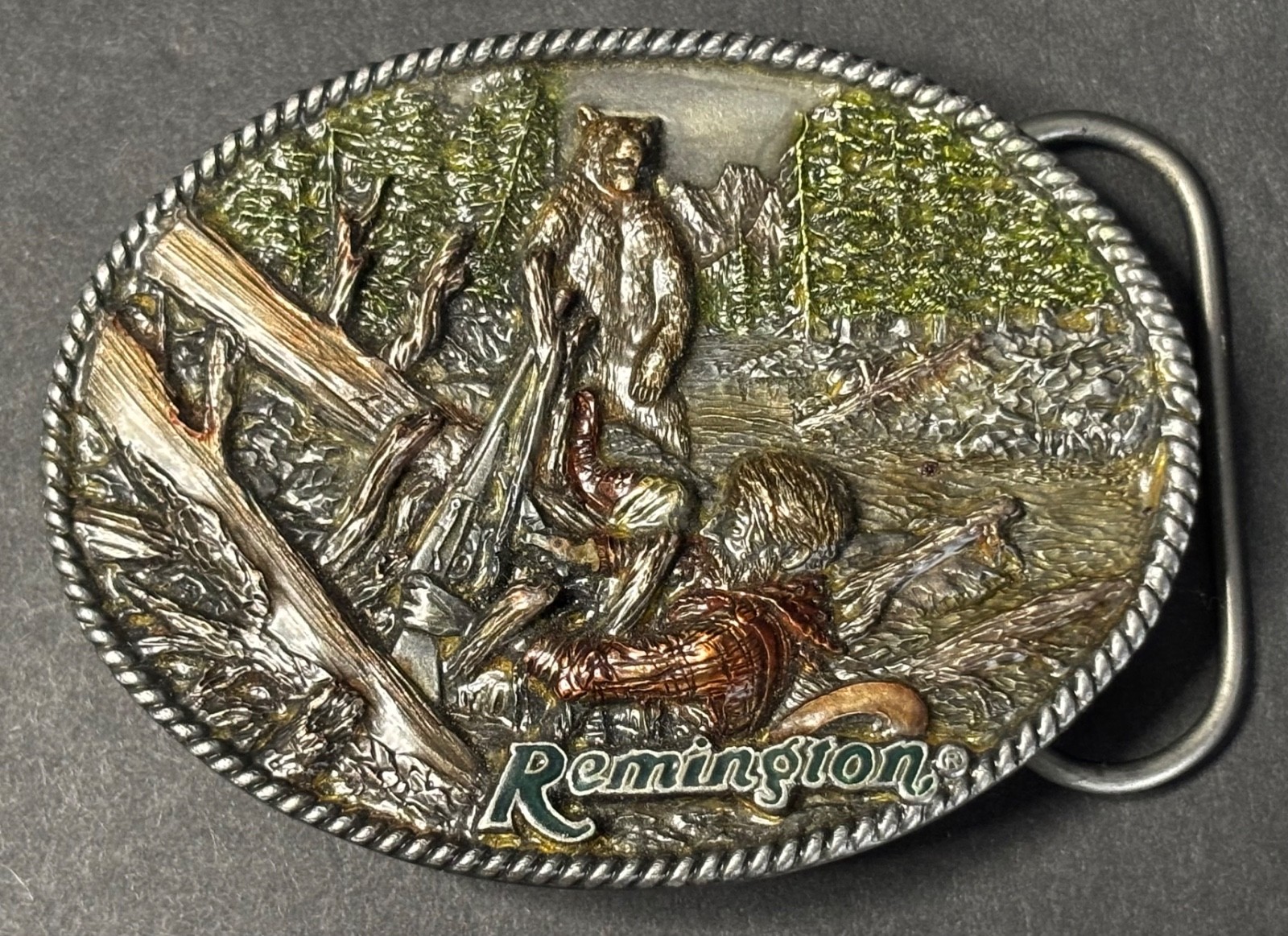1996 Remington “Strapped” Bergamot T-400 Enameled Pewter Belt Buckle USA-RARE
