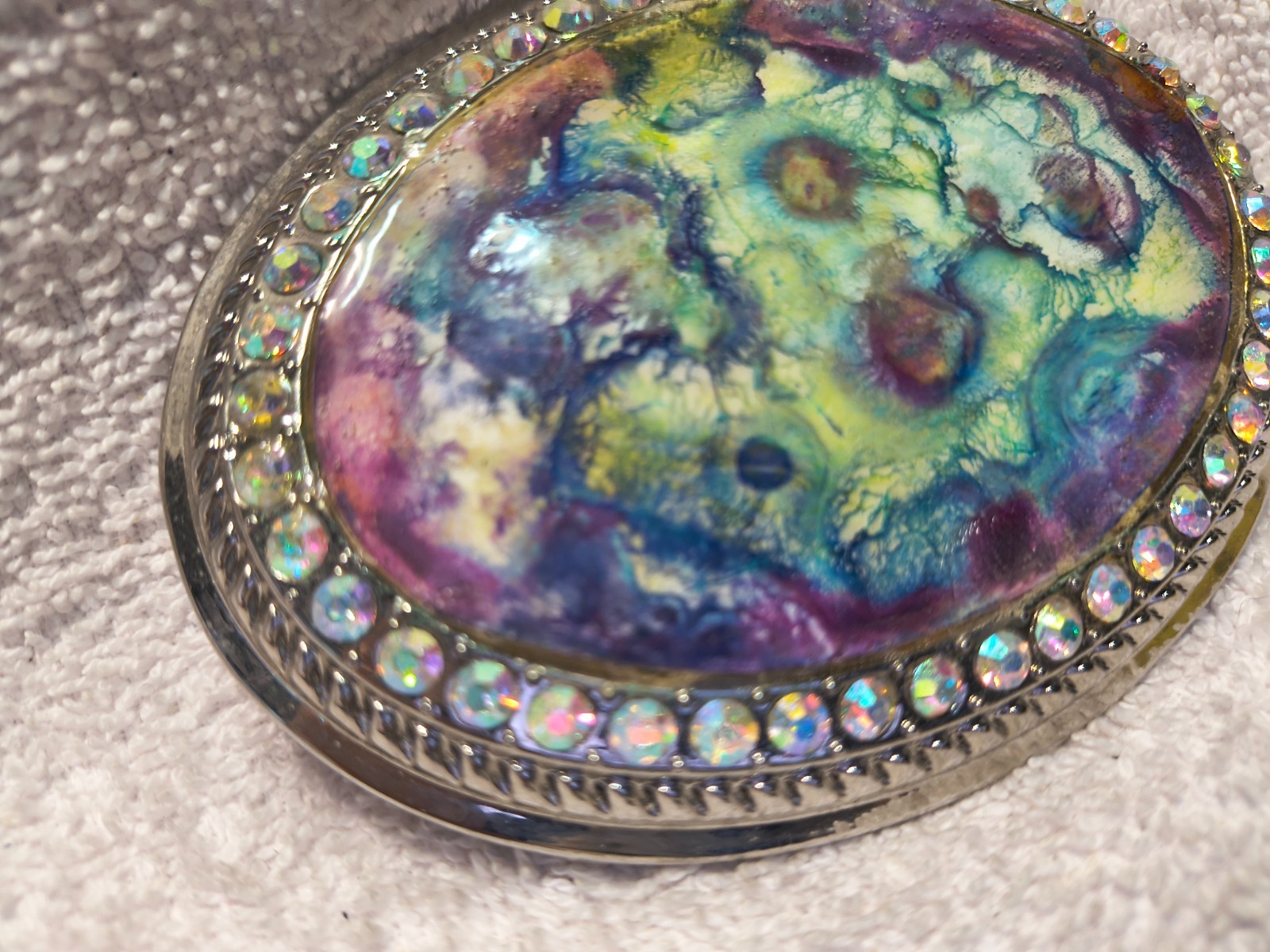 Green Purple Mosaic Flowers Large Oval Buckle Rhinestone Edge Great Shape