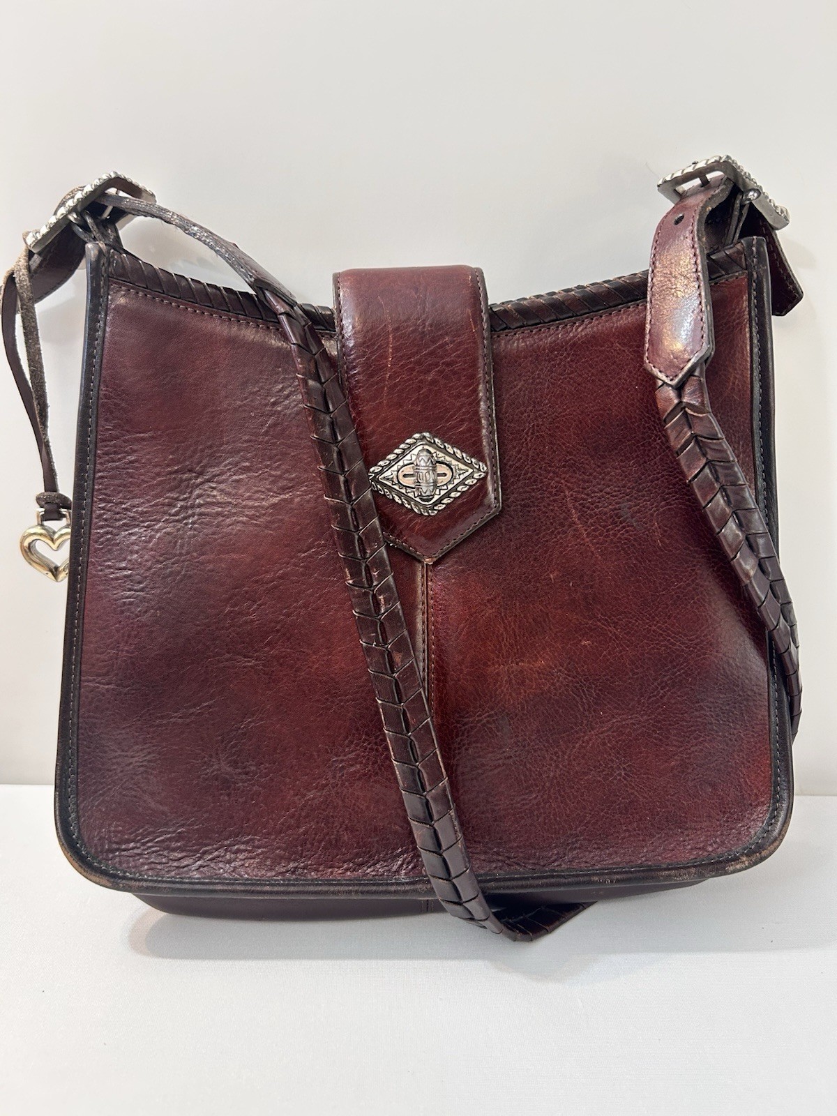 Vintage Brighton Rich Brown Leather Shoulder Bag Heart Charm Western Boho