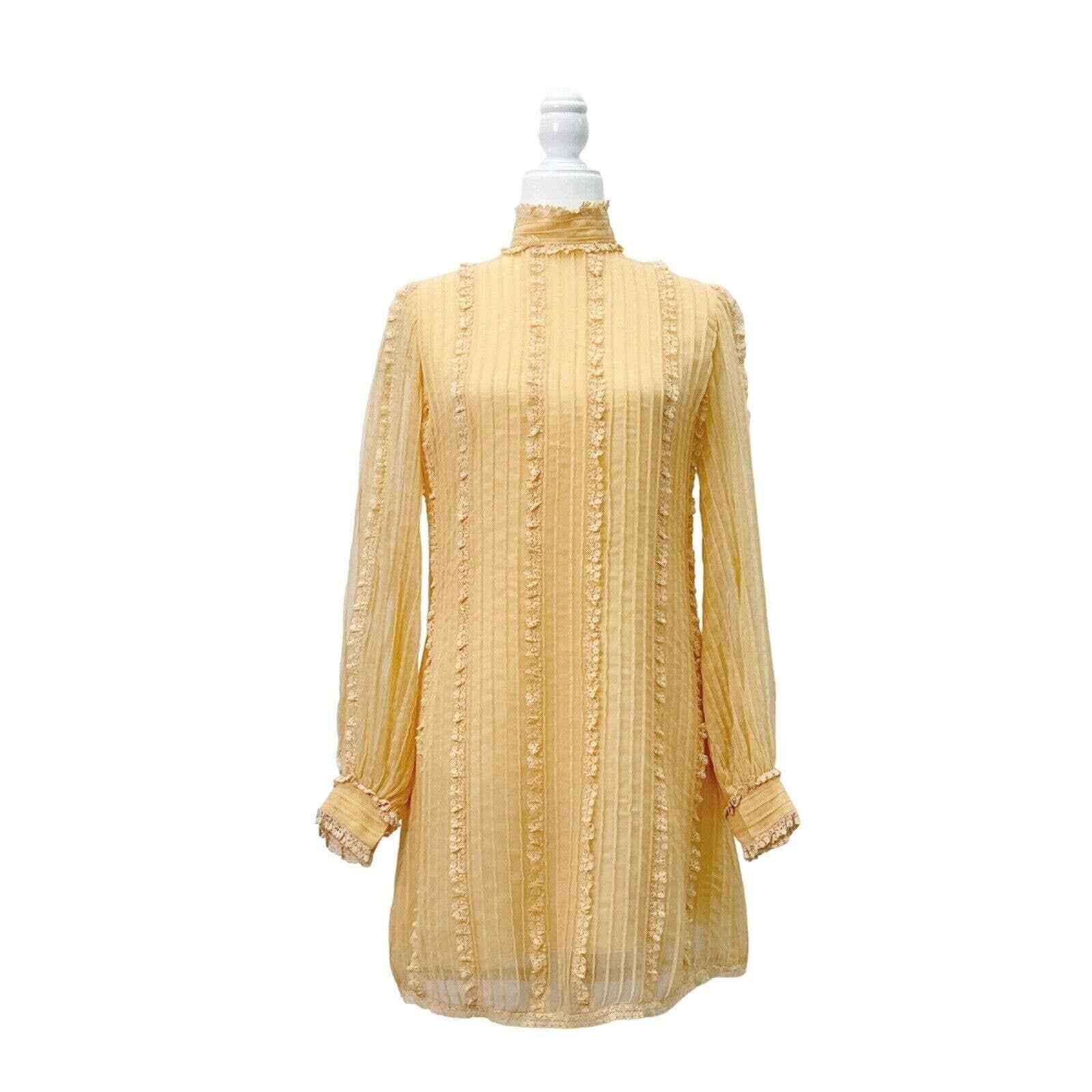 Vintage I. Magnin Anthony Muto Orange Cream Ruffled Lace Long Sleeve Dress Women