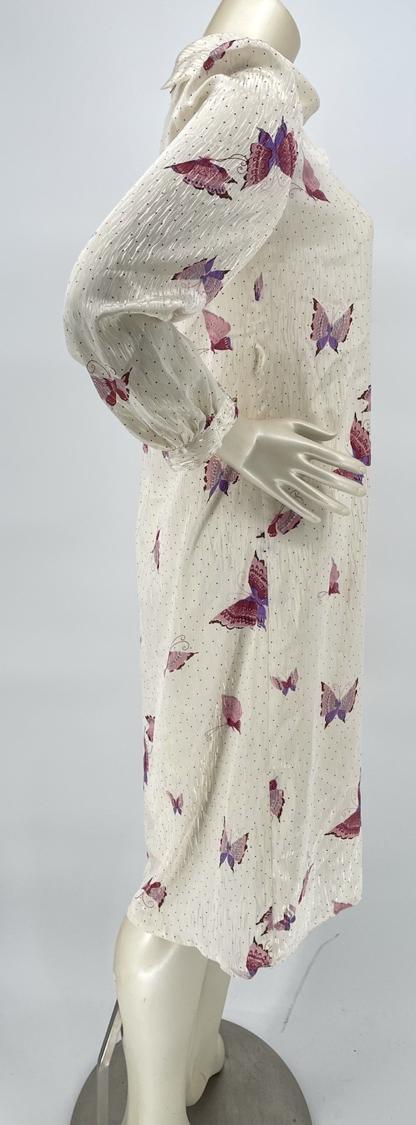 Vintage 1980s Elegant Asian Floating Butterfly Puff Shoulder Sheath Dress sm/md