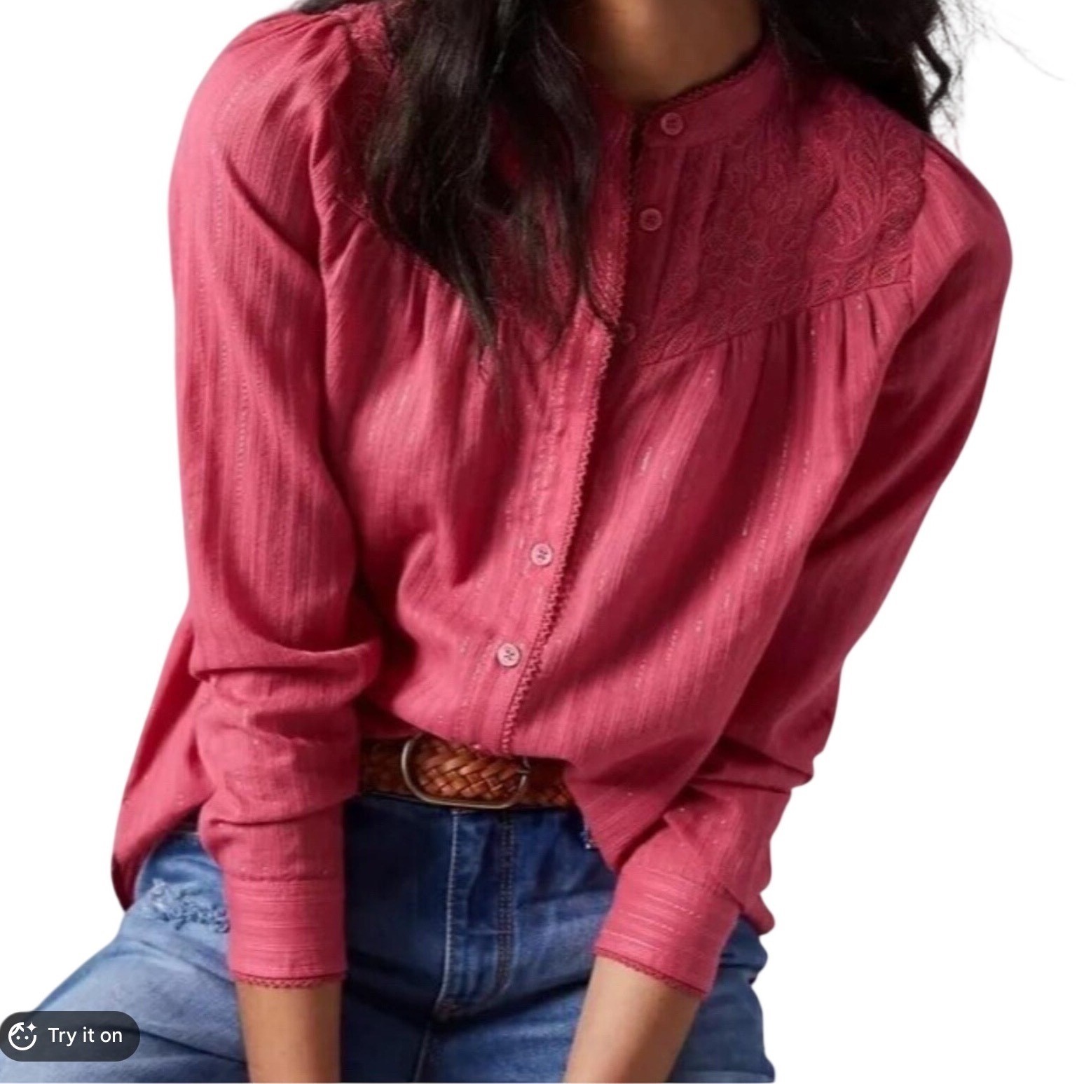 Pilcro Anthropologie Victoria Shimmer Lace Button Down Blouse Rose Pink Sz 4
