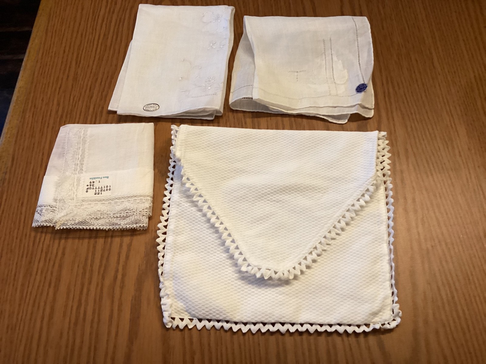 3 VTG Handkerchief Pure Linen Drawn Work White Embellished Floral Labels+ Holder