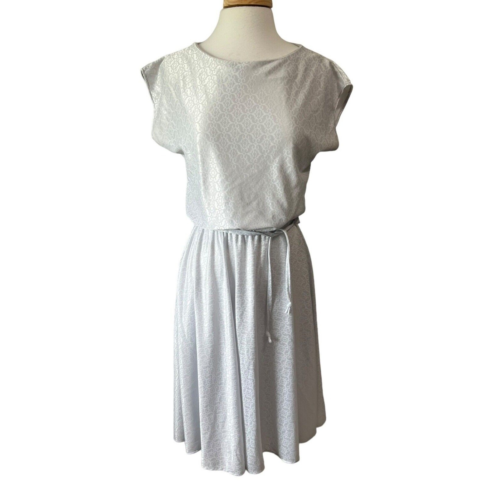 Vintage 80’s Ice Blue Jacquard Belted Secretary Casual Pullover Dress size M
