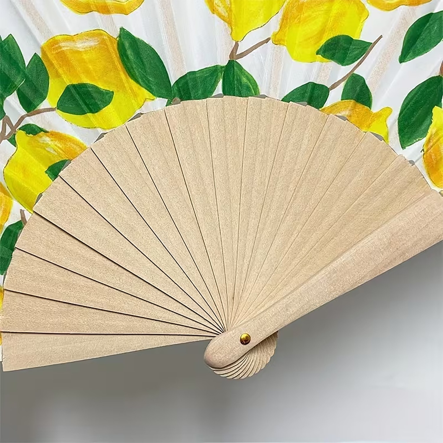 Lemon Print Folding Hand Fan Bamboo Fiber Handle Hawaiian Summer Party Wedding
