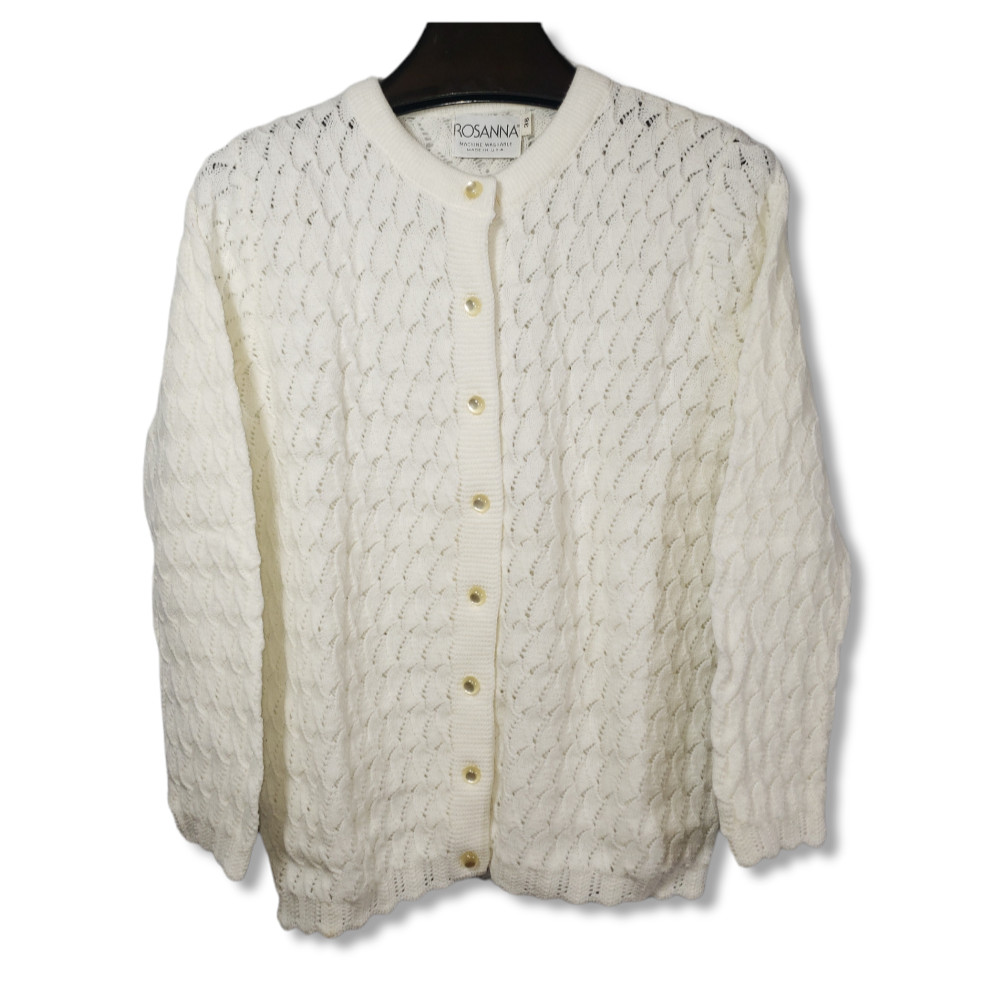VTG Rosanna Knit Cardigan Sweater Womens 36 White USA Woolite Woven Waves Scallo