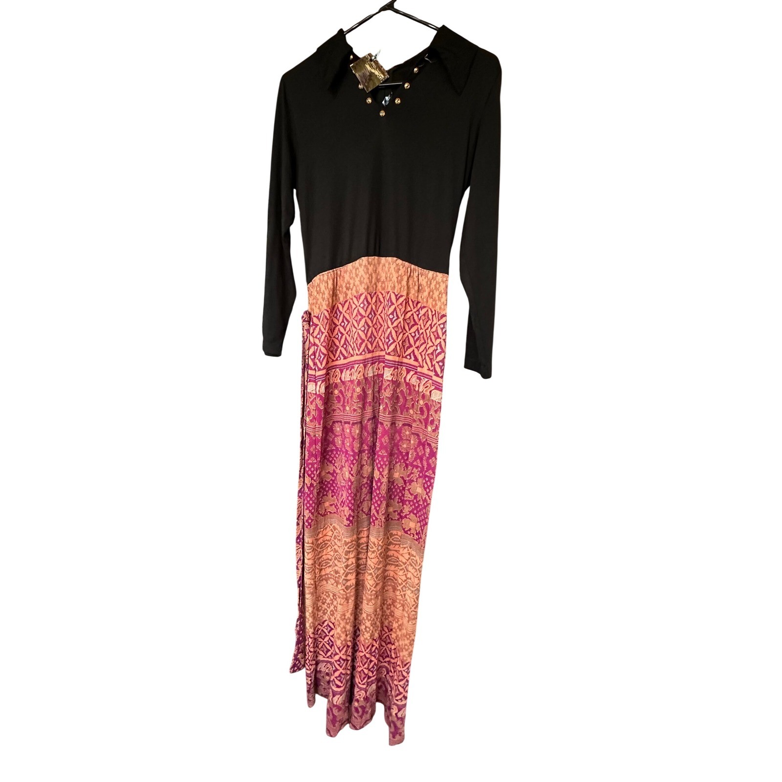 Vintage 70s Maxi Dress Black Pink Orange Patterned Long Sleeve Gold Button 3022