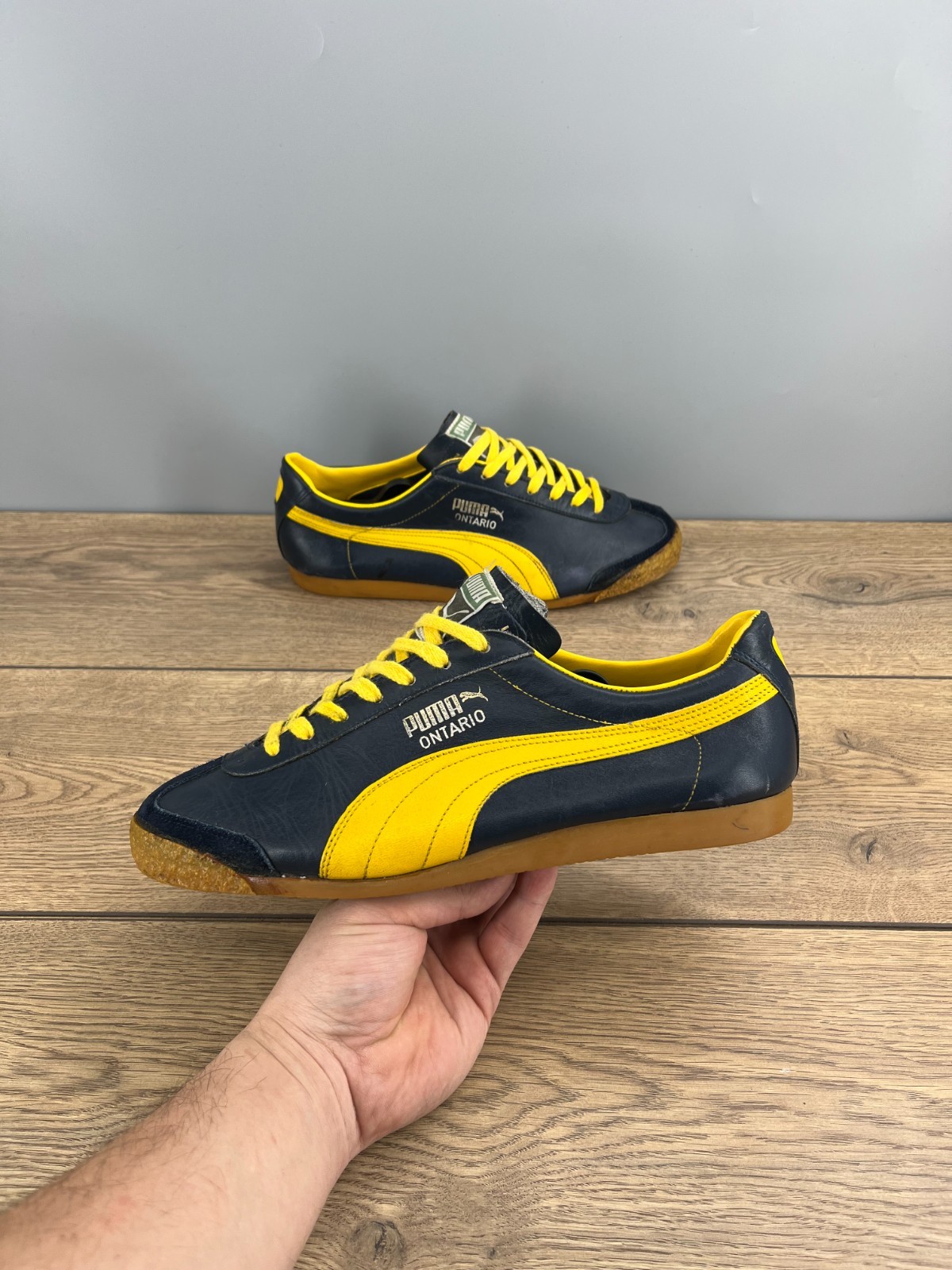 Vintage Late 70s Puma Ontario Leather Sneakers Navy Yellow Gum Sole Rare