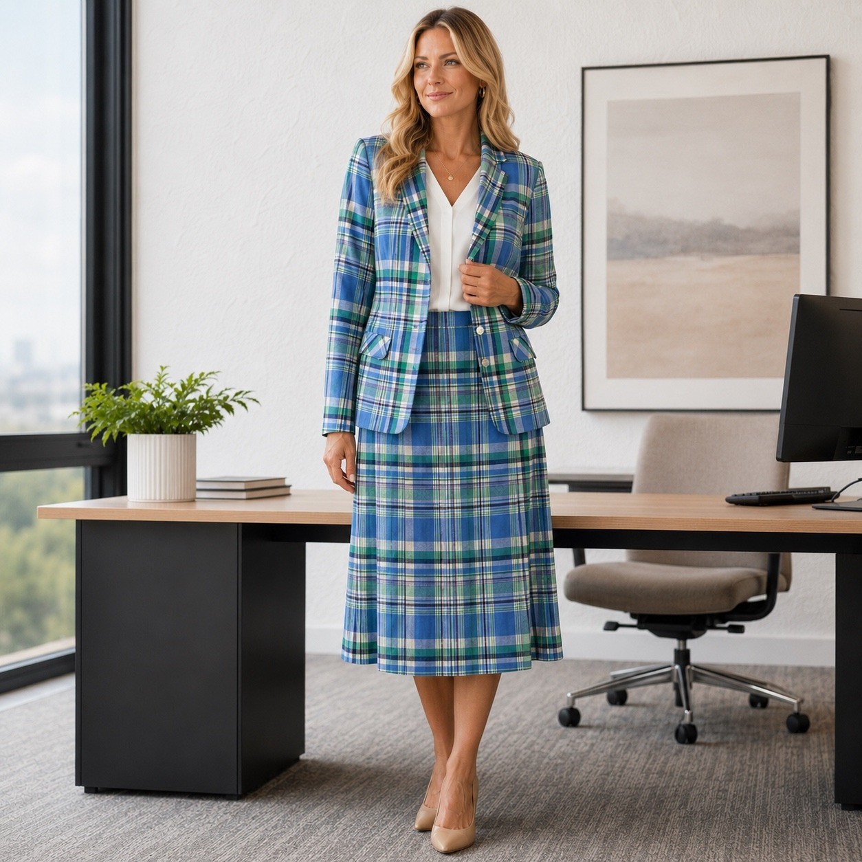 Vintage Joyce Sportswear Blue Green Plaid Skirt Suit Set Blazer Skirt Size 10