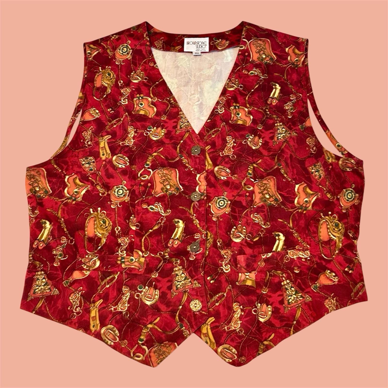 Vintage Union Made Red Gold Equestrian Stirrup Novelty Print Waistcoat Vest L XL