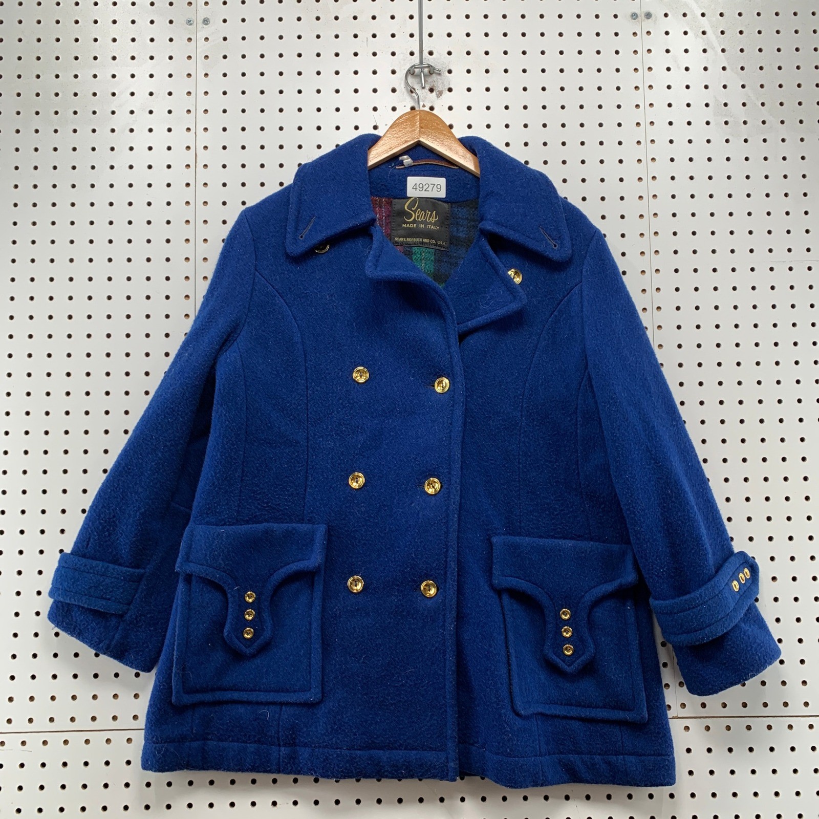 Vintage Sears Pea Coat Womens Blue 70s Made in Italy Plaid Lined Gold Buttons