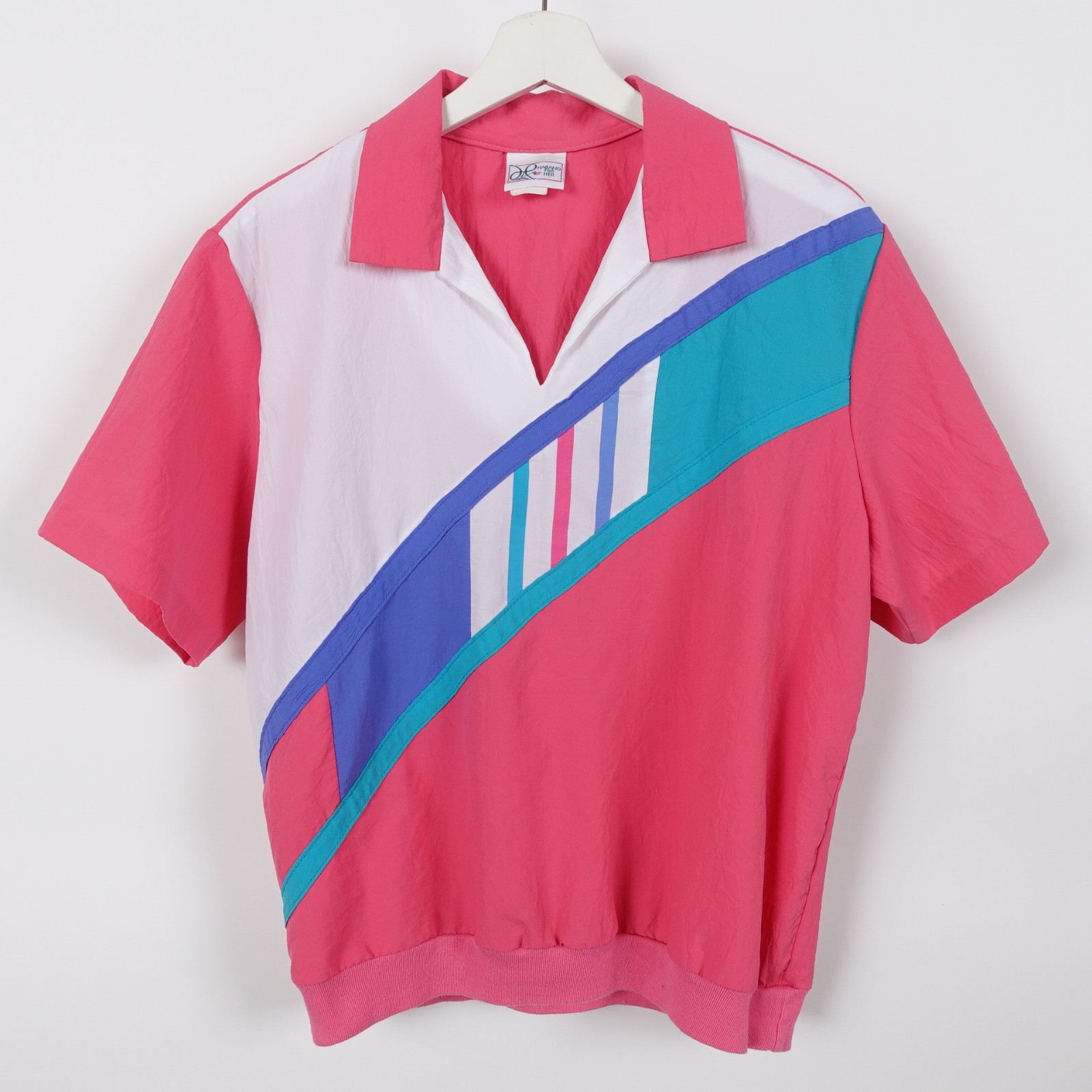 Vintage 80s Women’s Short Sleeve Warm Up Color Block Shirt Banded Size Large USA