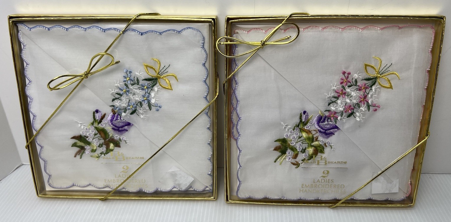Lot of 2 Boxes Baar & Beards Ladies Embroidered Handkerchiefs 2 Pack Cotton-New