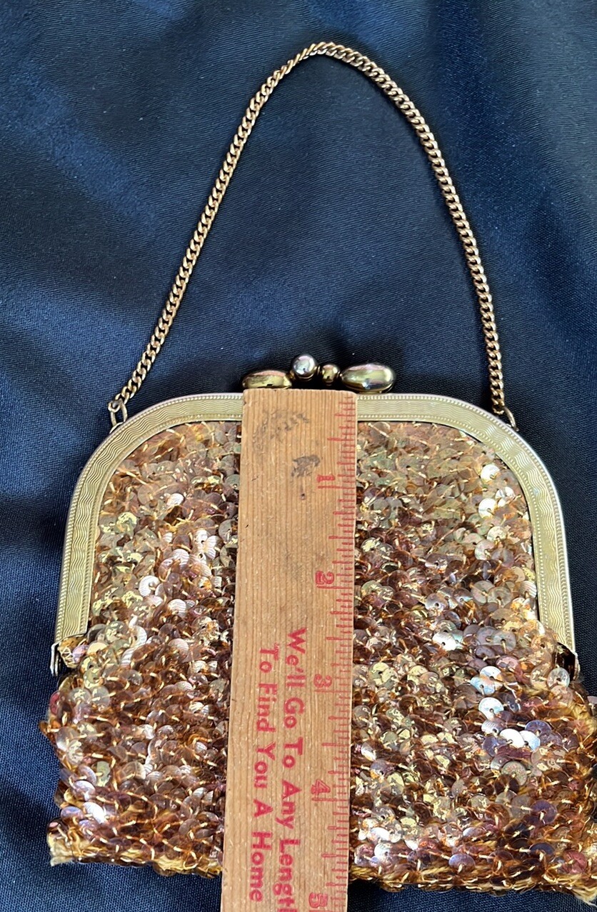 Vtg 70s Gold Tone Sequin Evening Bag~Purse Chain Strap~Metal Frame~Wristlet MCM