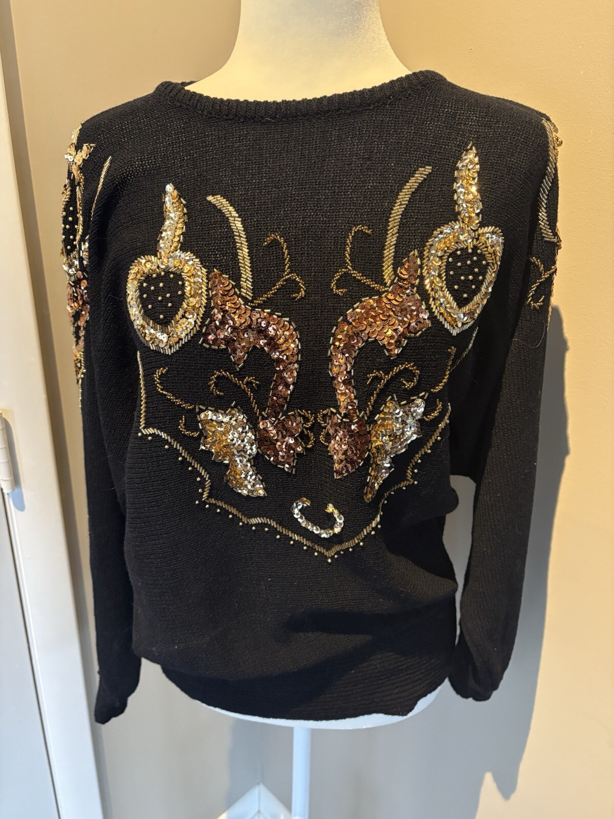 Vintage 90s JAYME PAPELL Medium Black Knit Sweater with Gold/Copper Sequins