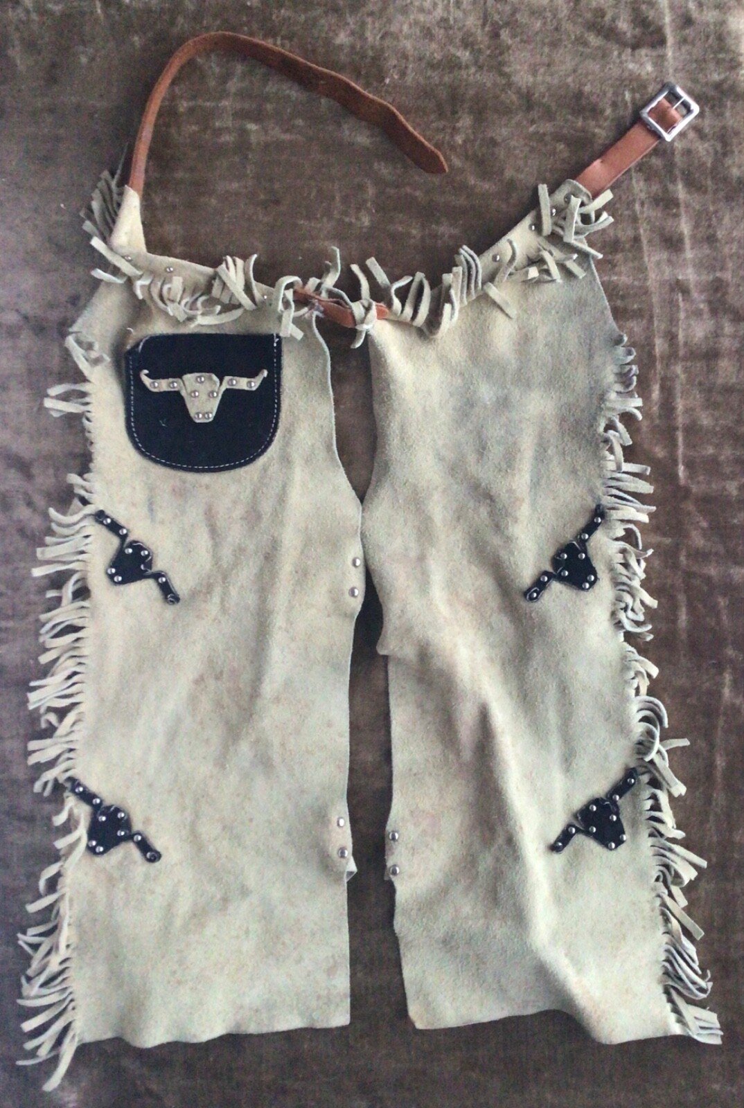 1950s Vintage Boy Girl Child Size Steer Motif Suede Chaps 22.75” – 28.25” Waist