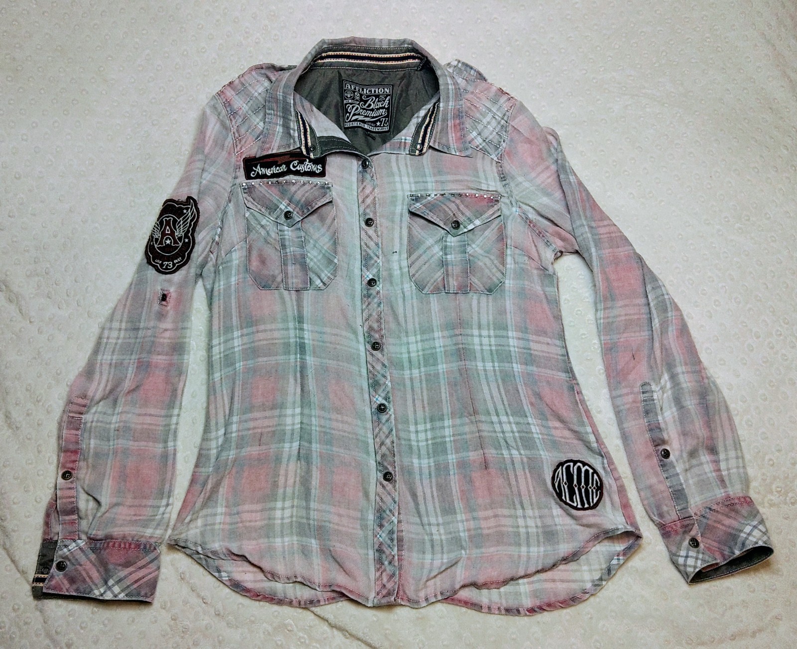 Vintage Affliction Y2K Black Premium Distressed Western Flannel Pink Rare Large