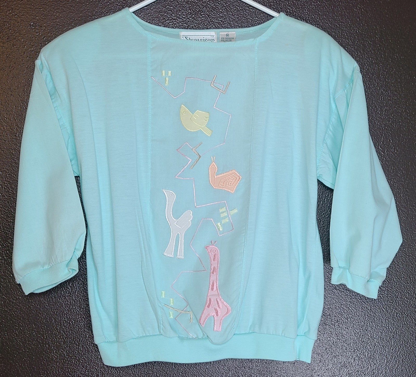 Shenanigans Women’s 80s Retro 3/4 Sleeve Top Embroidery Animals Pastel Graphic