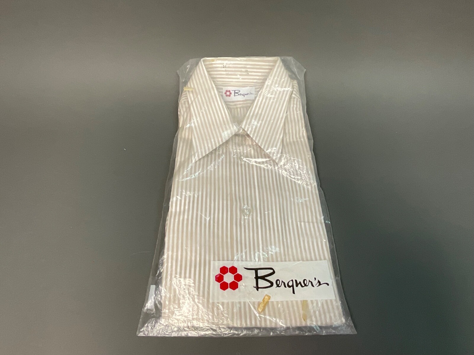 Vtg Bergner’s Shirt Mens Dress Stripped Short Sleeve NEW NOS 16.5 white & Beige