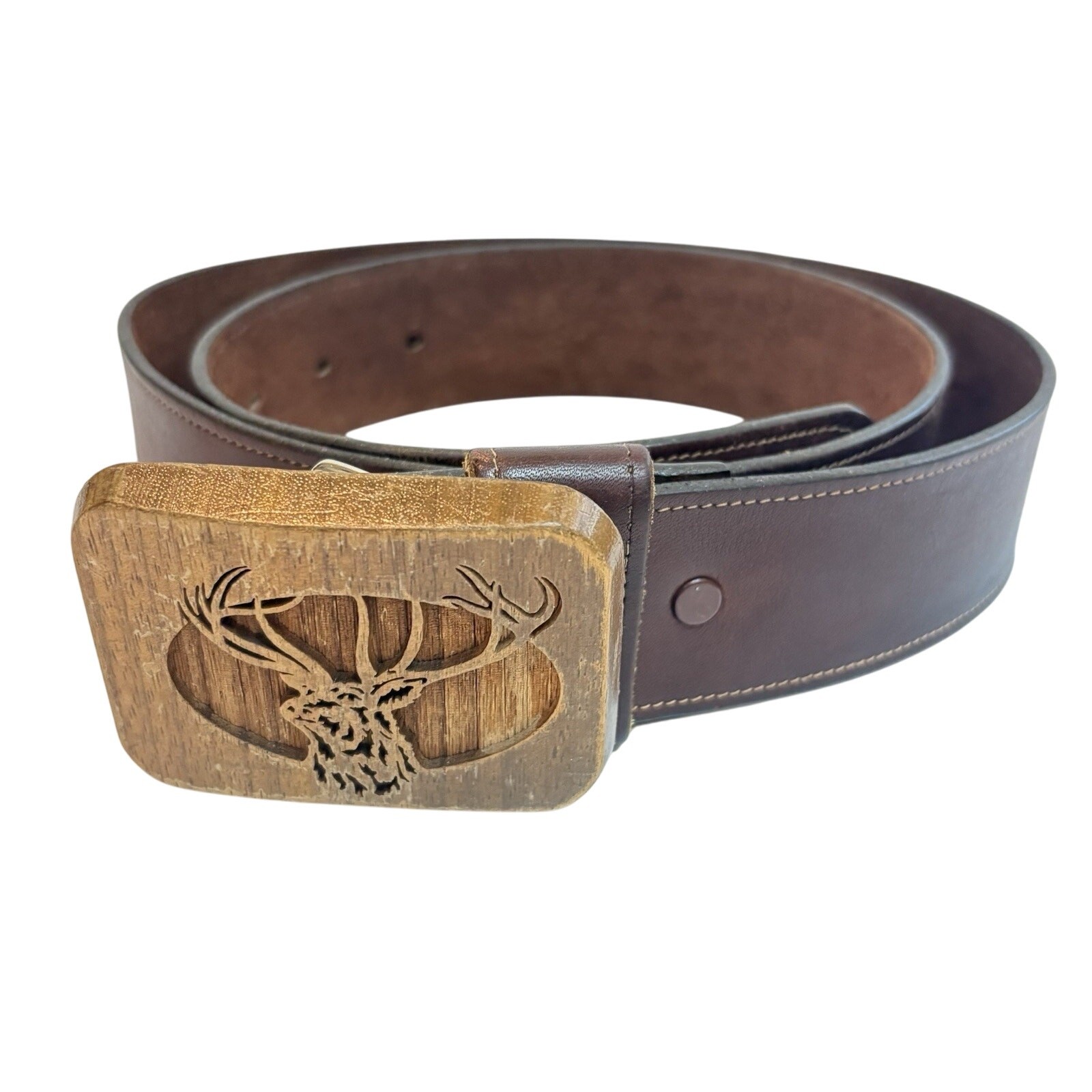 Vtg 1970’s LASERCRAFT Buck Deer Wooden Buckle w/ Brown Genuine Leather Belt 41”