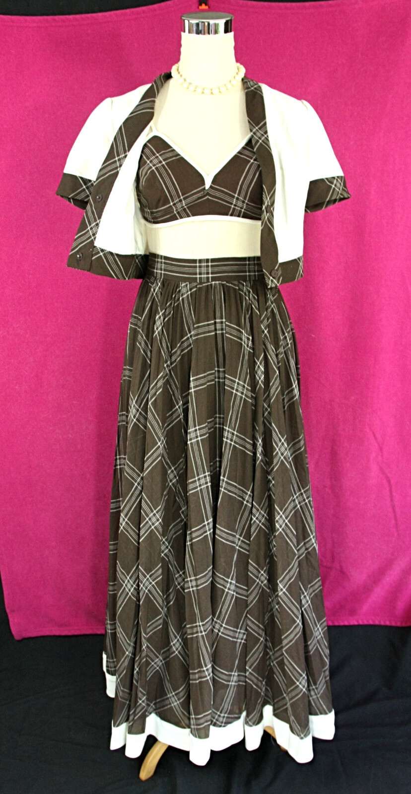 Vintage Eloise Curtis Happenstance Bikini Top Skirt Jacket Set Brown Plaid XS