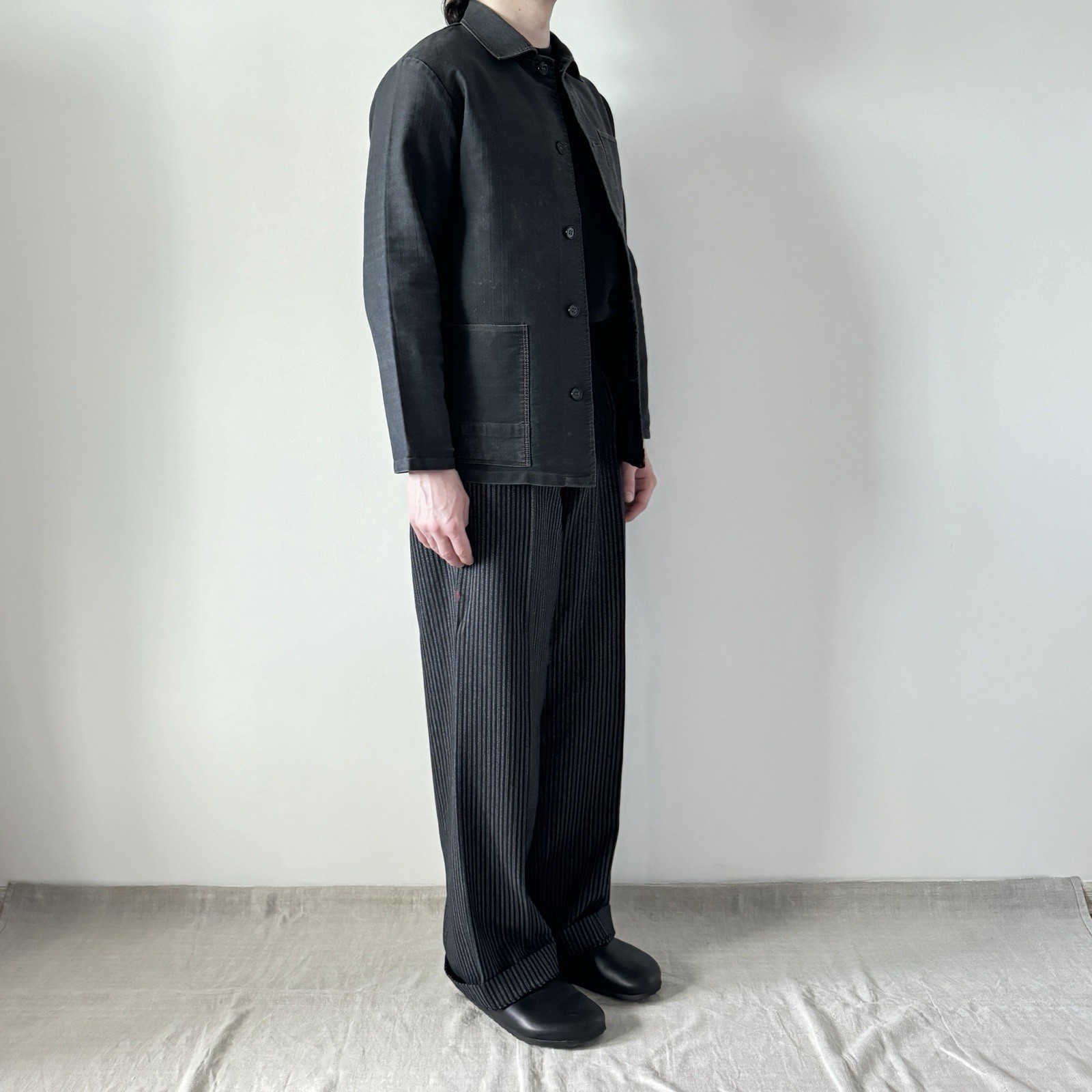 70s vintage Soviet workwear faded black moleskin French work jacket chore coat M