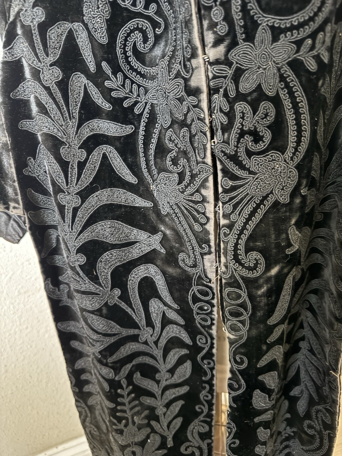 Antique Victorian Black Velvet Embroidered Fringe Cape Jacket Puff Sleeves