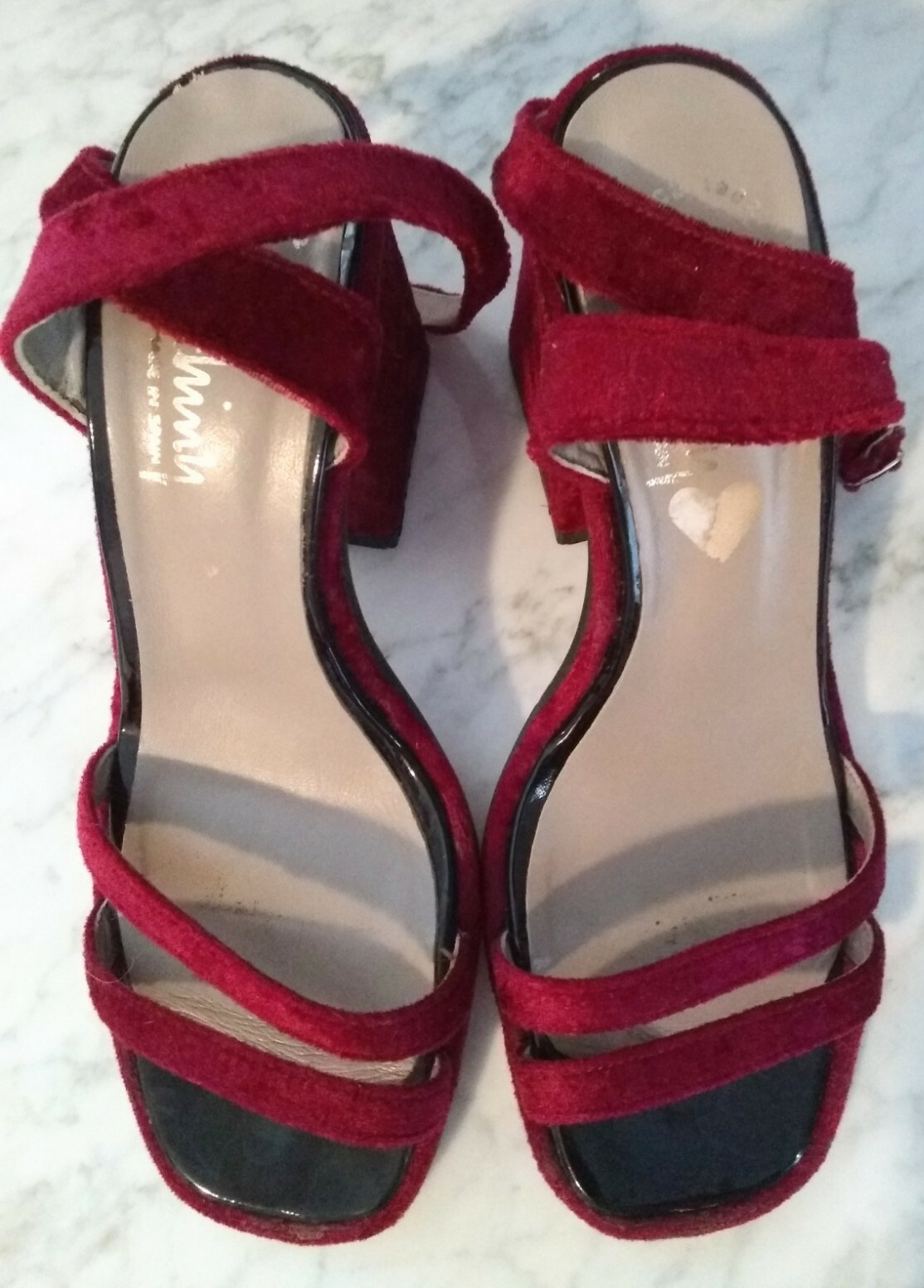 Vtg 90s Y2K Luichiny Chunky Block Heels Red Velvet Strappy Prom Retro WORN ONCE