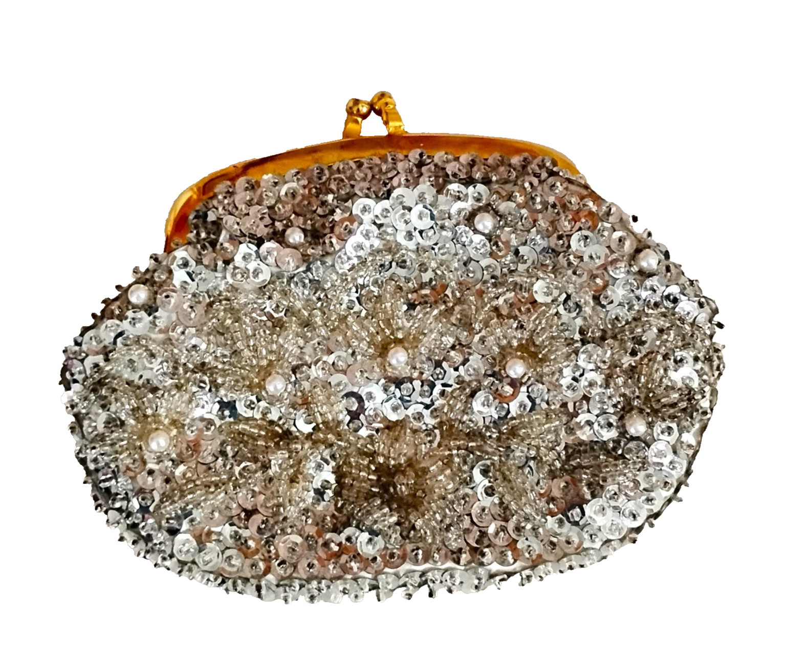 1960s Elegant Silver Beaded Evening Change Purse With Pearls and Satin Lining
