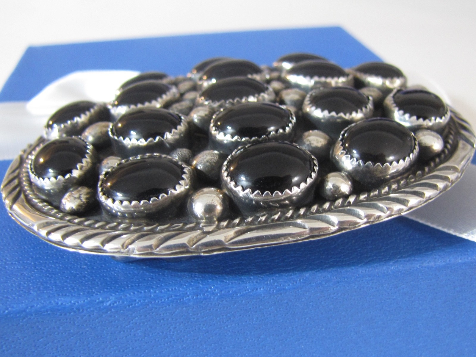 Vintage Navajo Sterling Silver Black Onyx Cluster Belt Buckle 70g GA Sterling