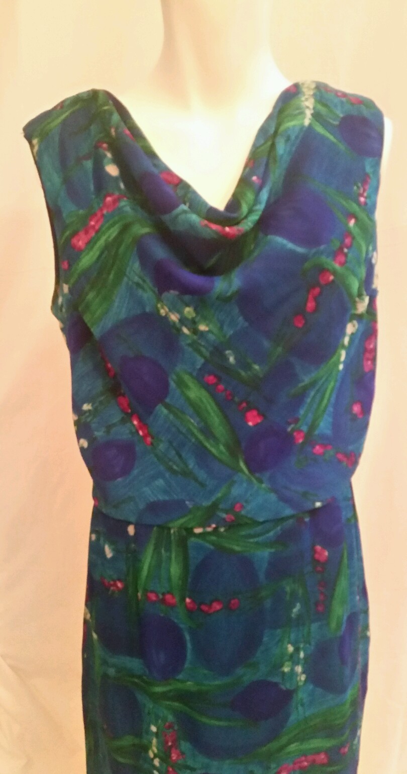 Vintage 60’s RAYMONDS OF SLC 2-pc slim chiffon dress sleeveless blue/green Sz M