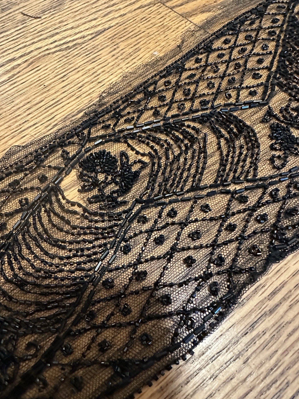 Antique Victorian Lace Jet Glass Beaded Hand Embroidered Mourning Wrap? 53″ x 6″