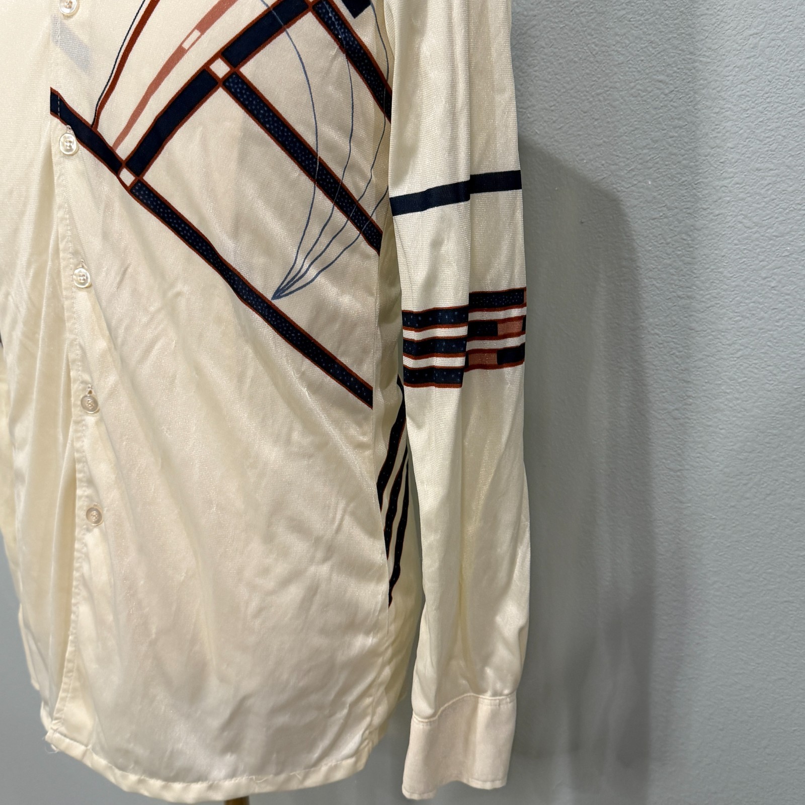 VTG 70s Hutspan Tan Black Geometric Shape Big Collar Disco Bowling Shirt, Nylon