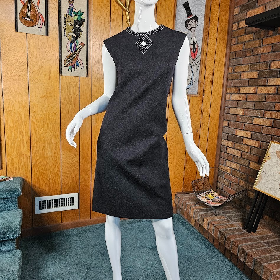 Vtg 60s Mod Space Age Rhinestone Necklace Cut-Out Diamond Mini Party Dress M/L