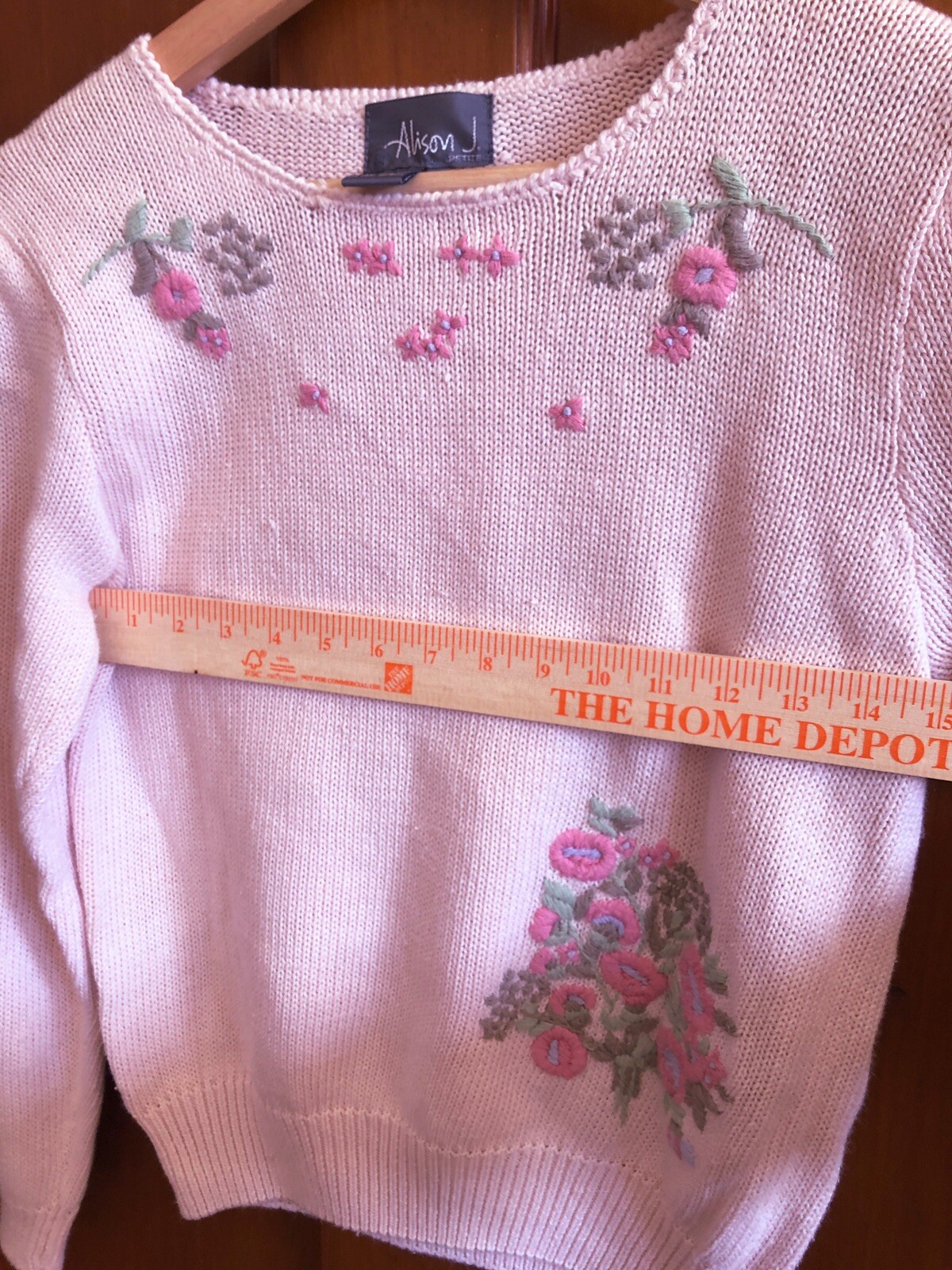 VINTAGE 80s PINK SWEATER PUFFED SLEEVES EMBROIDERED PL Alison J Petite