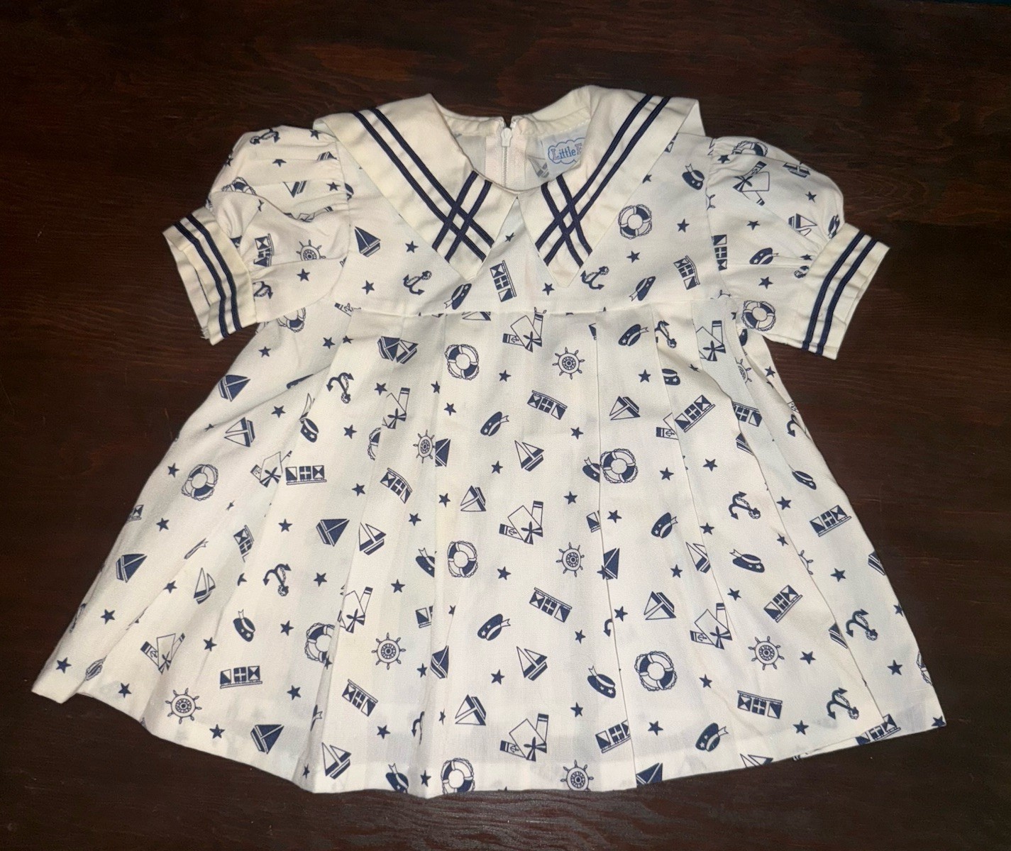 Vintage LITTLE EVIE Child Sailor Dress Blue White Nautical Baby Girls Size 12 mo