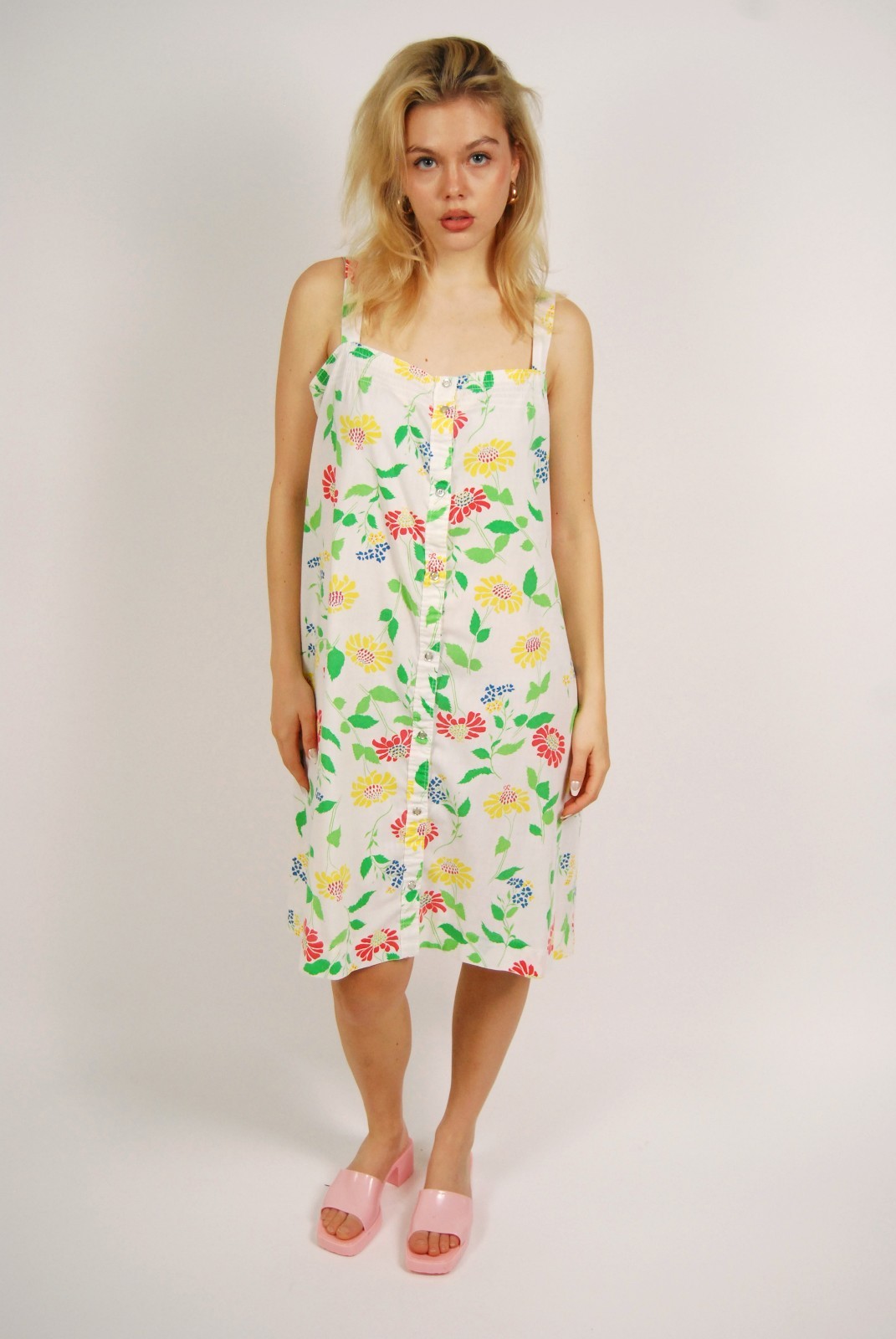 70s Tank Midi Dress (L) green yellow vintage sundress psychedelic boho large