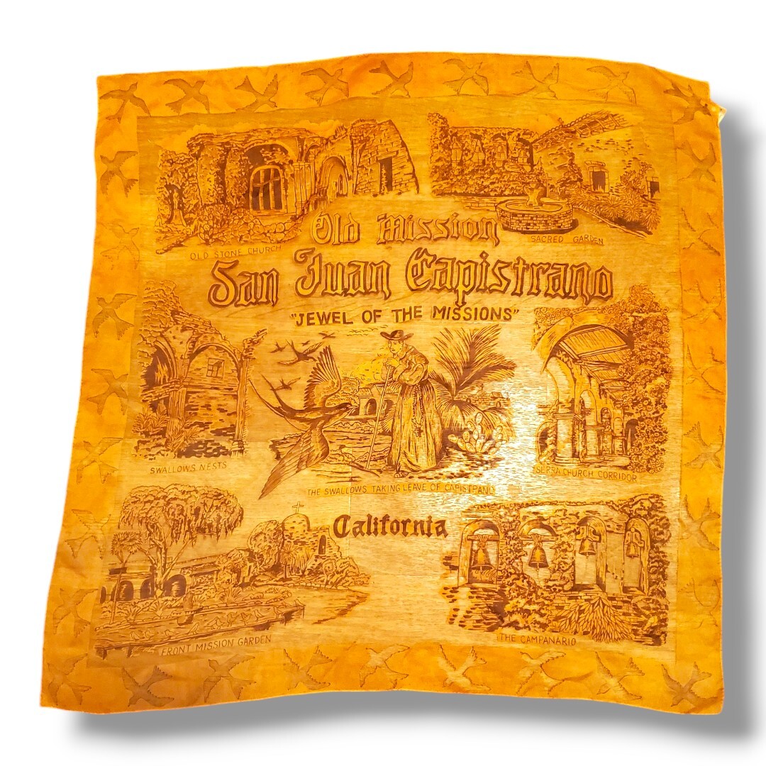 Vintage Souvenir SCARF, SAN JUAN CAPISTRANO MISSION 31″x31″ Orange