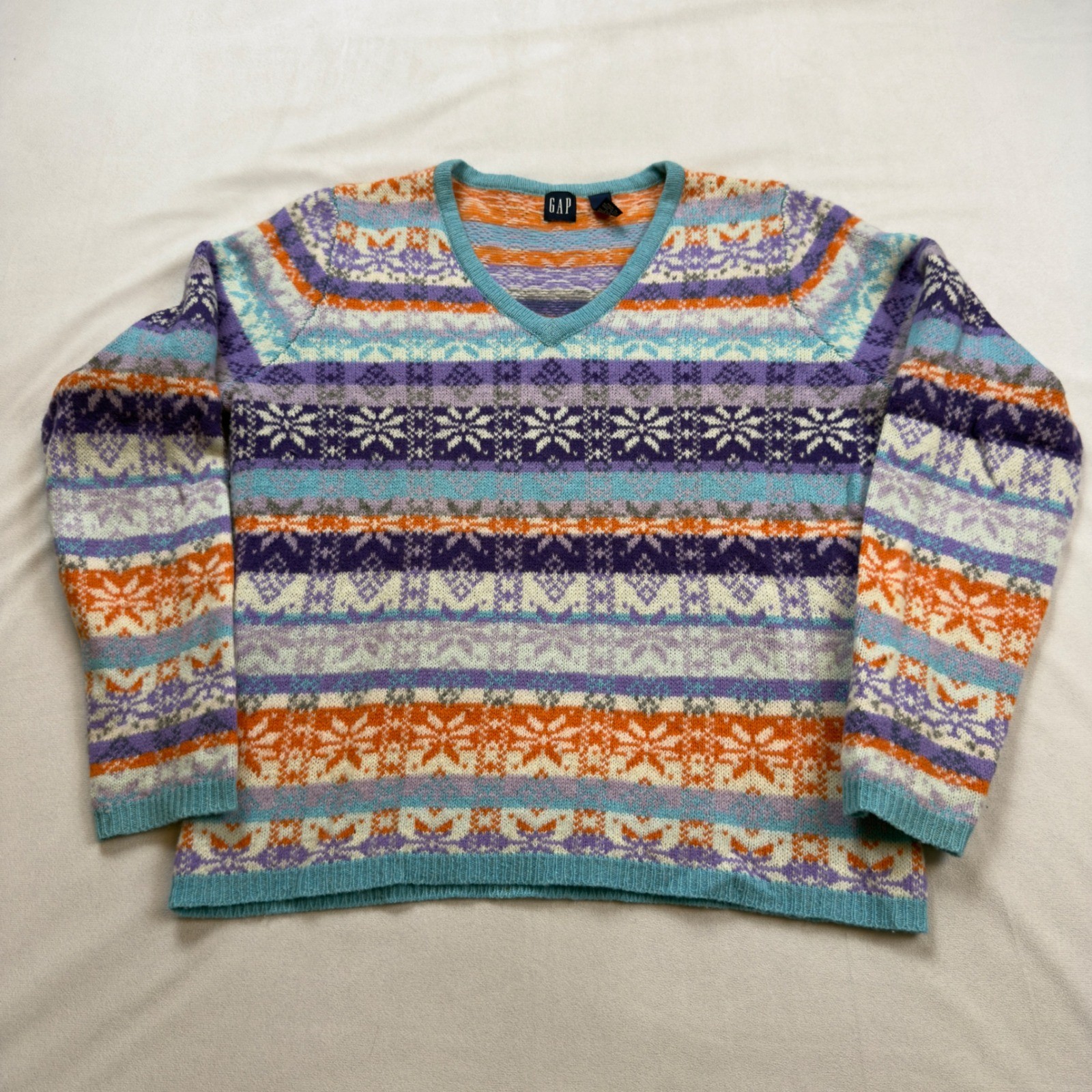 Gap Vintage Fair Isle 100% Lambswool V-Neck Sweater Women’s Med Y2K Pullover EUC