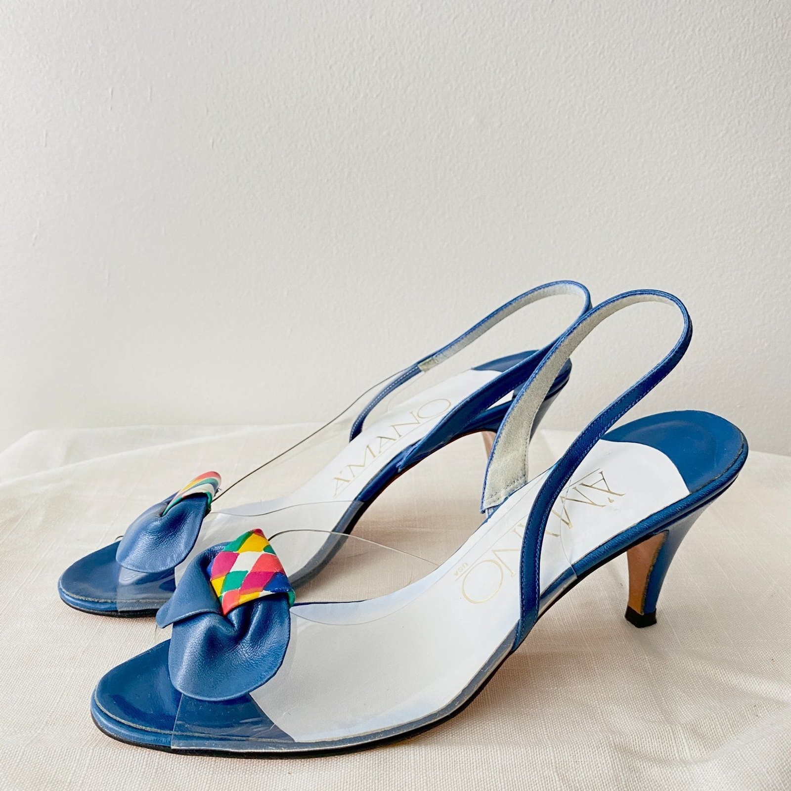 Vintage A’mano Blue Stiletto Sling Back Heels Size 7