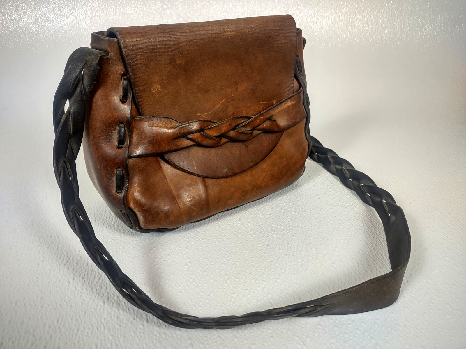 Leather CA Purse Bag Hand Tooled 60s 70s VTG Hippie Boho Flap Braided Saddle Bag