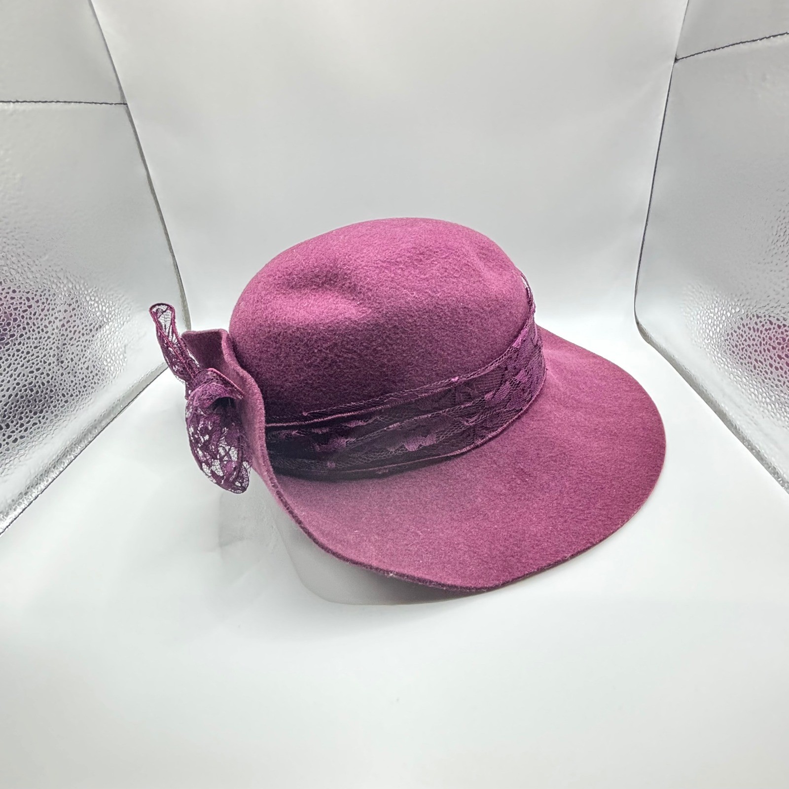 Top This Inc Vintage Magenta Wool Felt Wide Brim Hat Lace Band Bow Made in USA