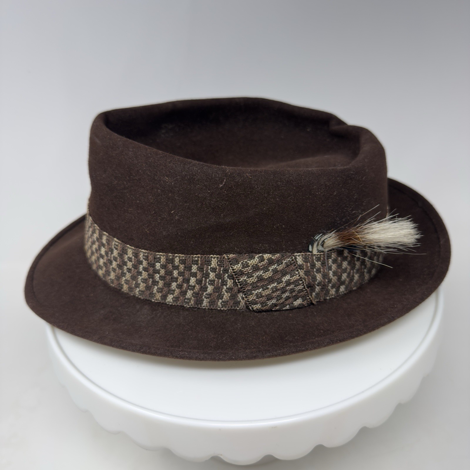 VTG Portis Brown Fur Felt Fedora Hat 6 7/8 Mad Men Hatters Union Feather 40s 50s